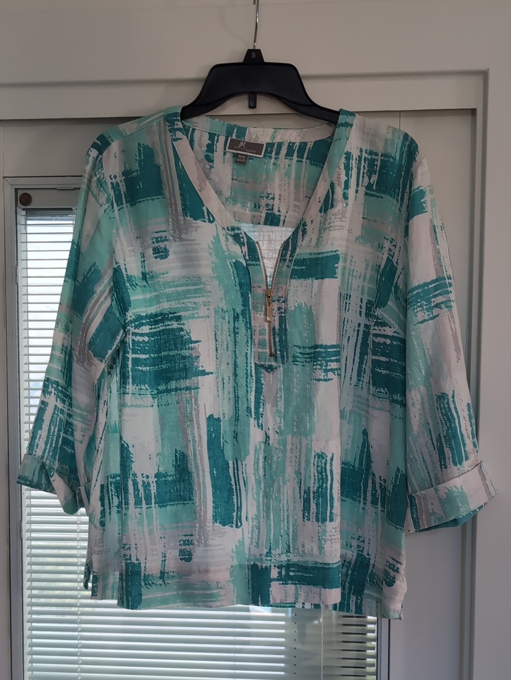 JM Collection Teal and White Brushstroke V-Neck Zip Tunic